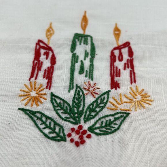 Set 2 Vtg Embroidered Christmas Doily Candle Lace Red White Kitsch Handmade 13" - Picture 3 of 5